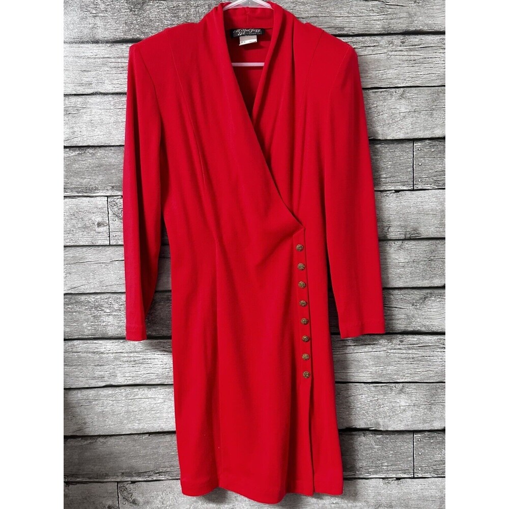 Vintage All That Jazz Wrap Dress Button Long Sleeve Cotton Knit USA Red 9/10